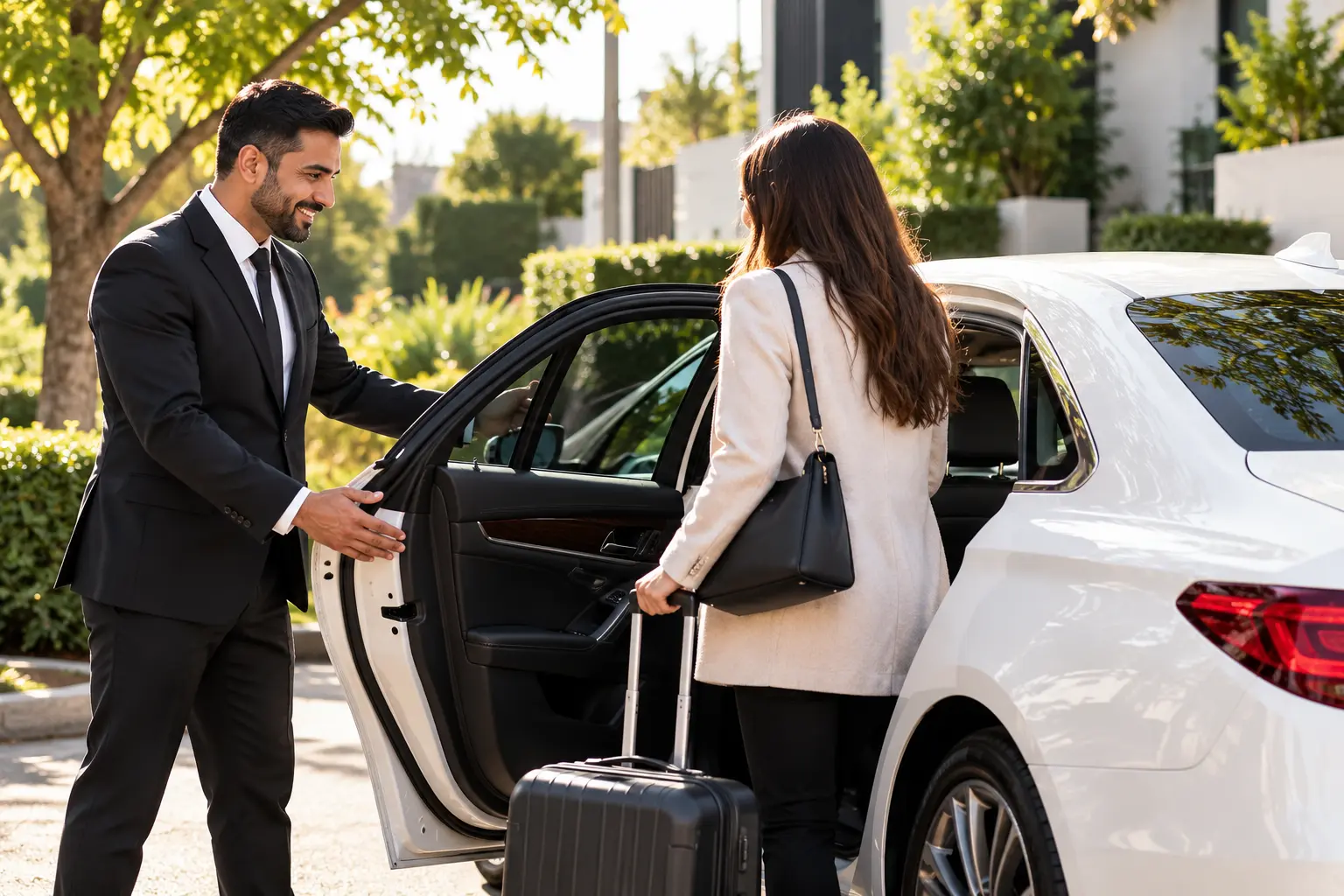 Chauffeur Welcomes Passenger to Luxury Sedan